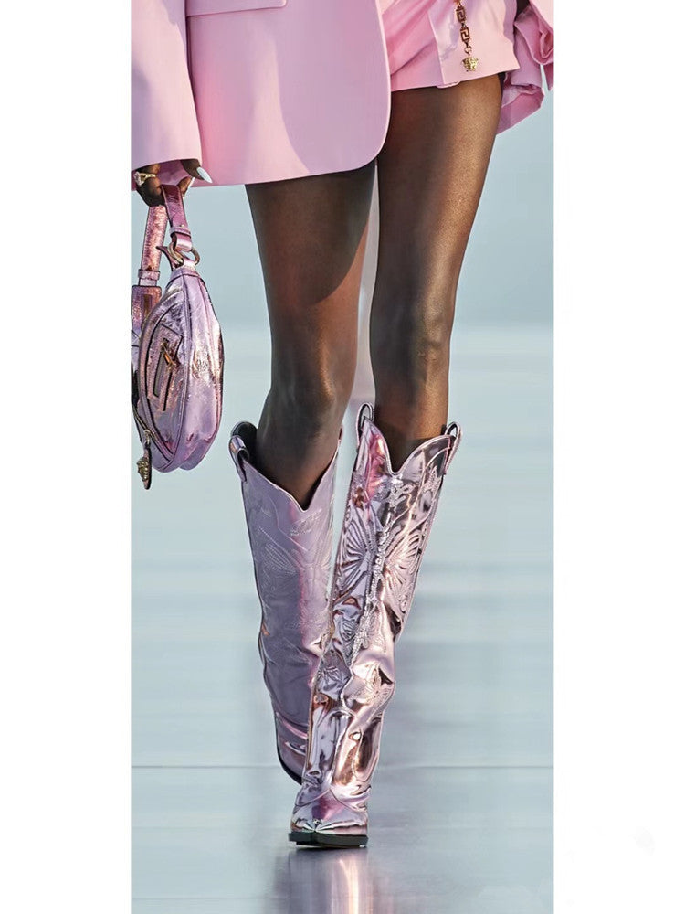 Valenzora | Damen-Stiefel mit hohem Absatz, spitzer Metallkappe und Schleifenstickerei