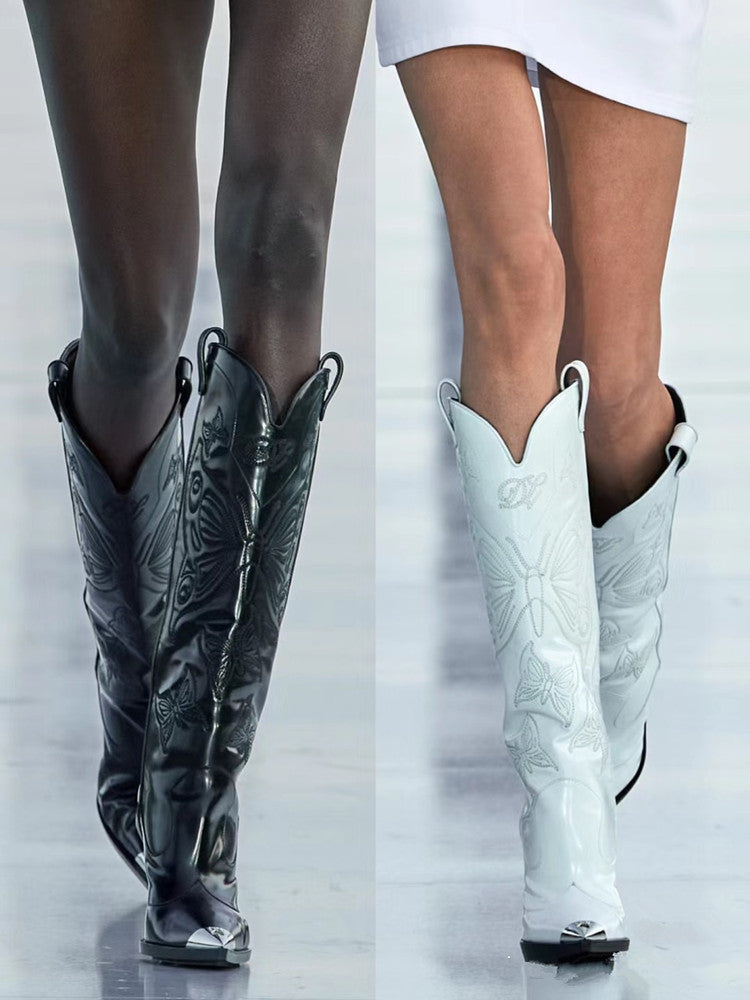 Valenzora | Damen-Stiefel mit hohem Absatz, spitzer Metallkappe und Schleifenstickerei