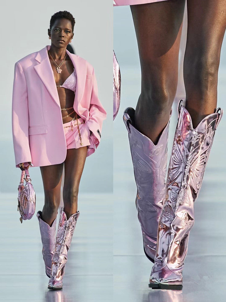 Valenzora | Damen-Stiefel mit hohem Absatz, spitzer Metallkappe und Schleifenstickerei