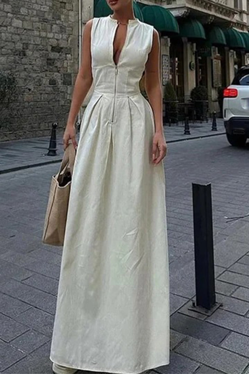 Valenzora | Casual Street Pocket Zip O-Neck Long Dresses - 3 Colors