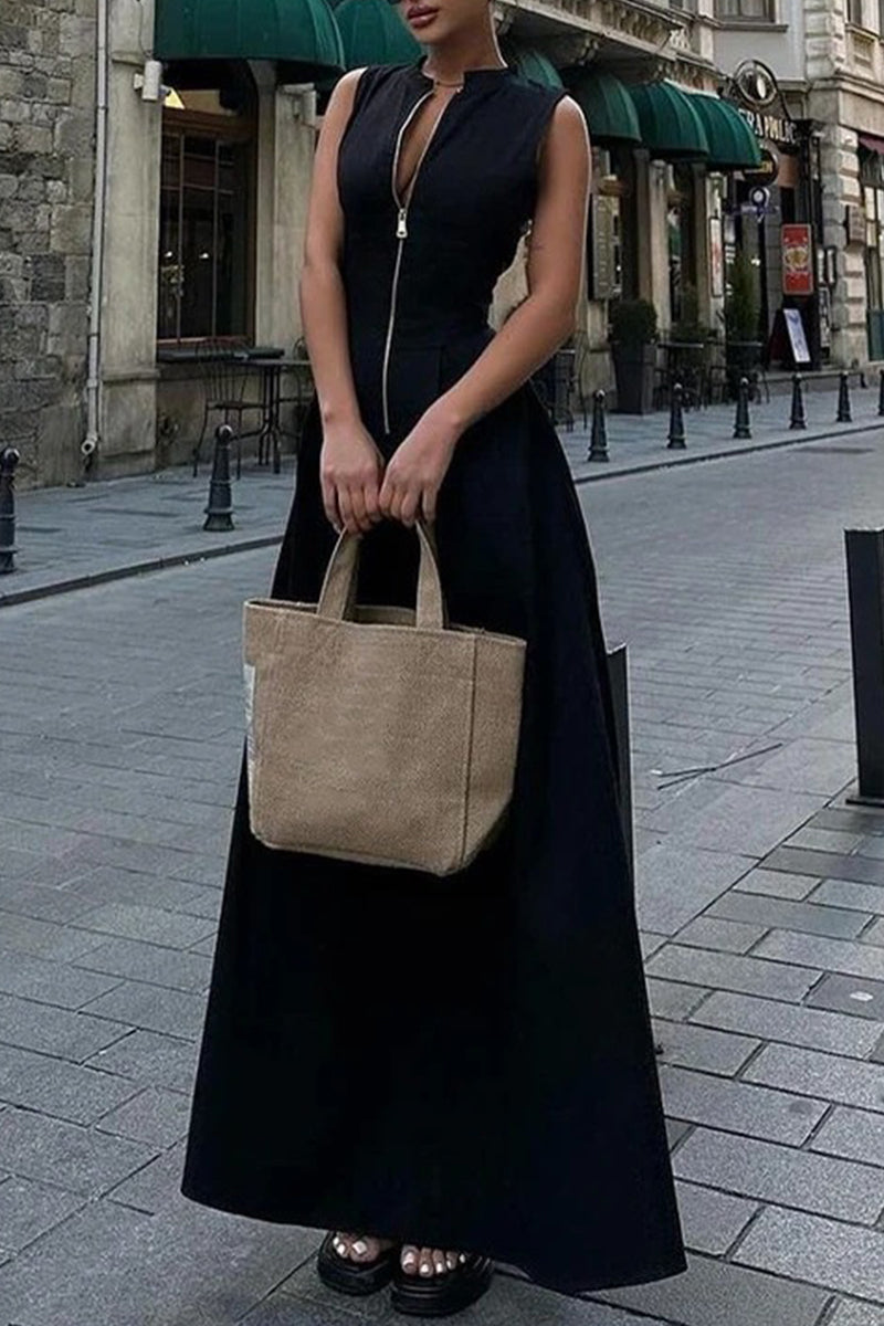 Valenzora | Casual Street Pocket Zip O-Neck Long Dresses - 3 Colors