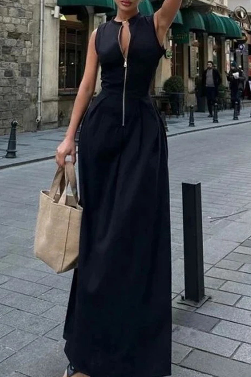 Valenzora | Casual Street Pocket Zip O-Neck Long Dresses - 3 Colors