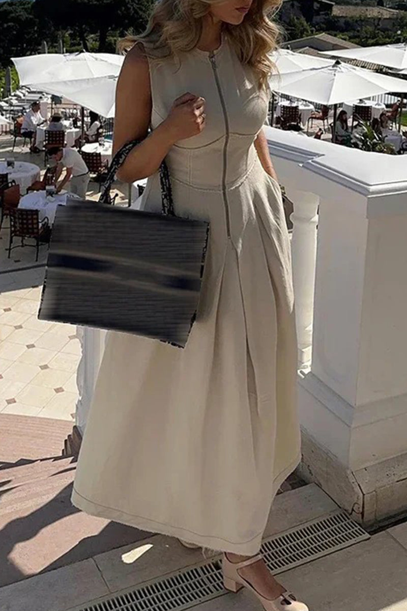Valenzora | Casual Street Pocket Zip O-Neck Long Dresses - 3 Colors