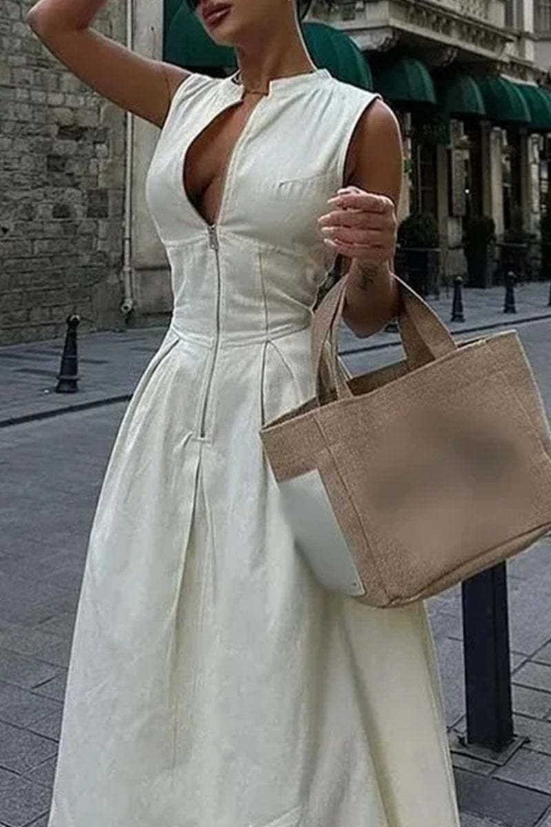 Valenzora | Casual Street Pocket Zip O-Neck Long Dresses - 3 Colors
