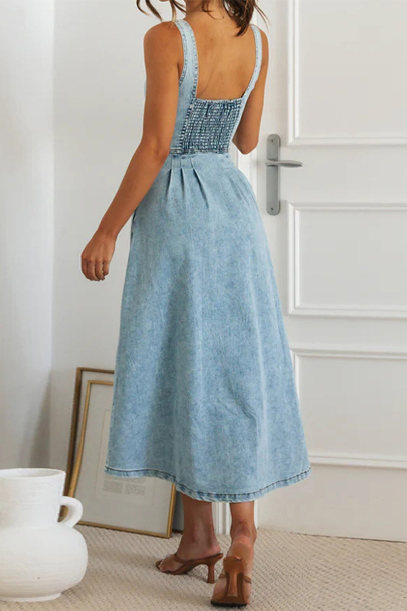 Valenzora | Elegant solid color button patchwork V-neck sleeveless denim dresses