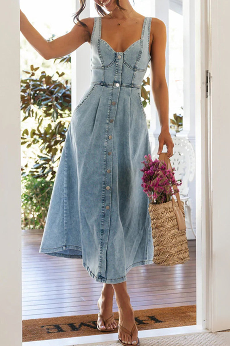 Valenzora | Elegant solid color button patchwork V-neck sleeveless denim dresses