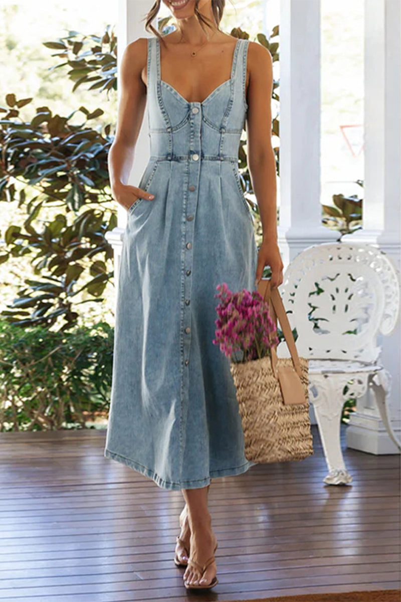 Valenzora | Elegant solid color button patchwork V-neck sleeveless denim dresses