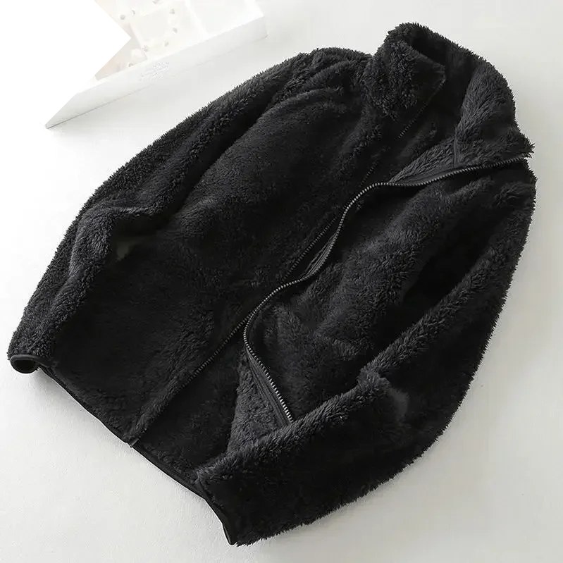 and a fluffy jacket with a zipper, fleece vest