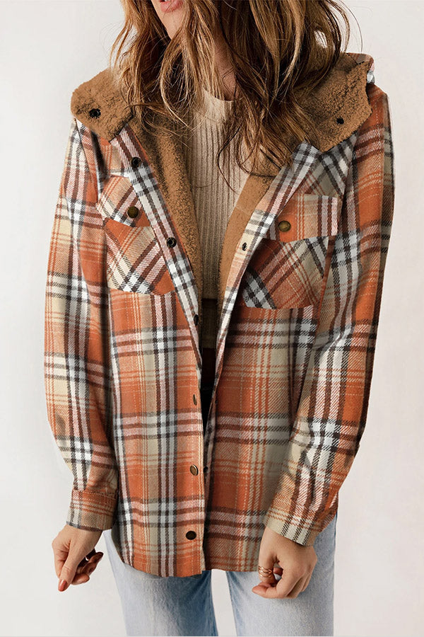 Valenzora | Snap Button Sherpa Fleece Lined Hooded Flannel Jacket