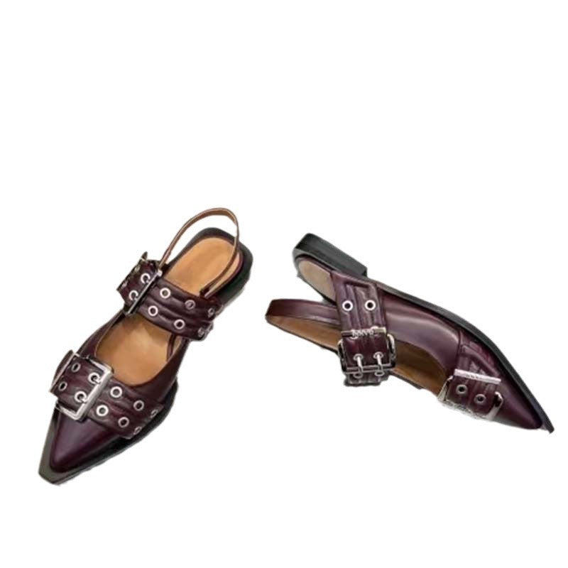 Valenzora | Pointed toe belt buckle mules leather flat sandals