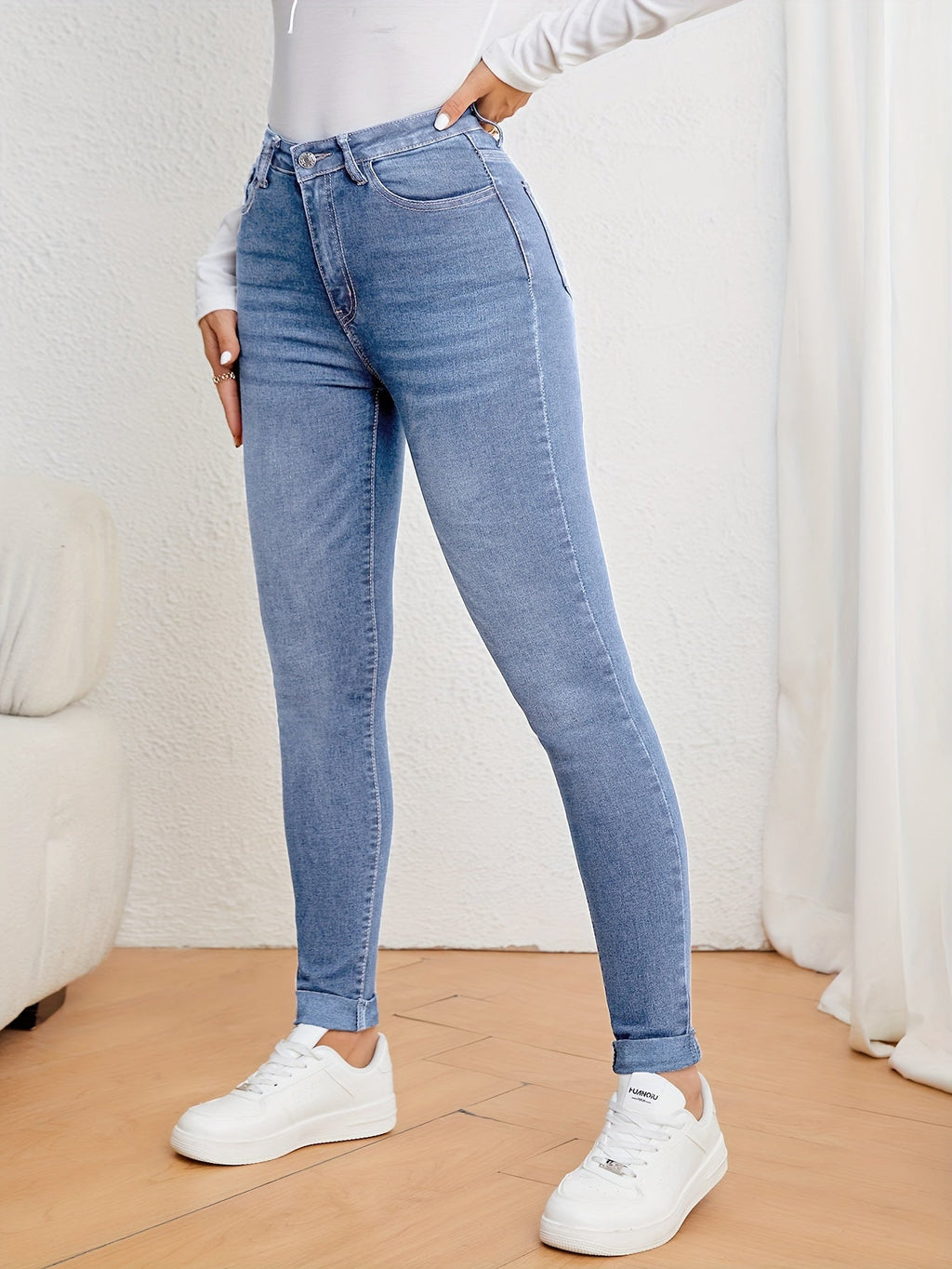 Valenzora | Olive Green High Waist Slim Fit Jeans with Stretch Denim