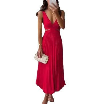 Valenzora | Sleeveless V-neck dress with pleats and open back