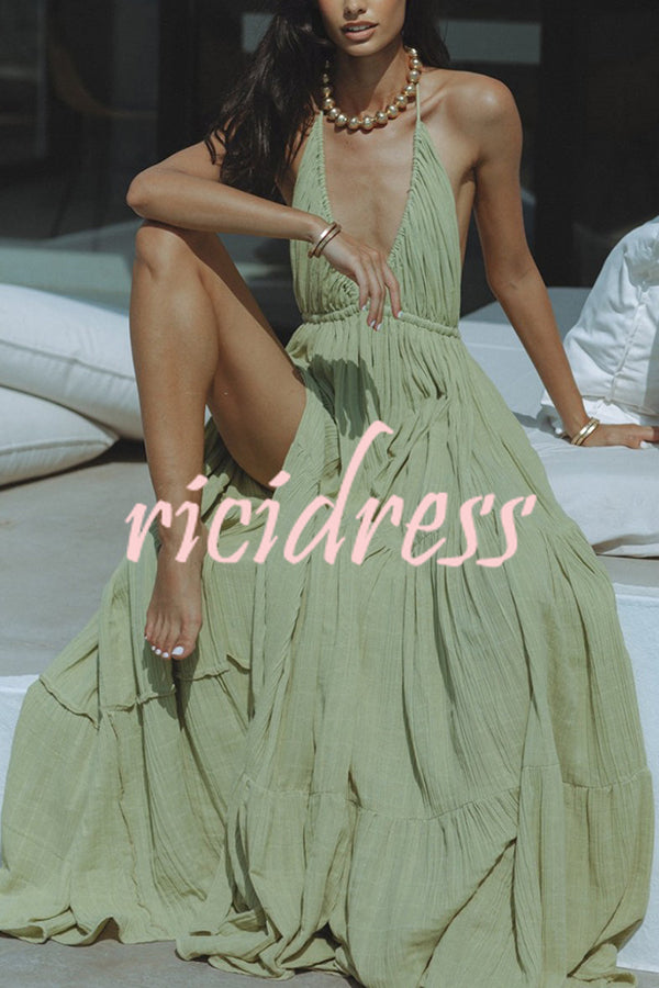 Valenzora – Neckholder maxi dress in a linen blend with a backless slit