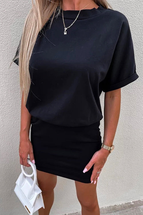 Valenzora | Rosiedress Round Neck Short Sleeve Fitted Solid Color Mini Dress