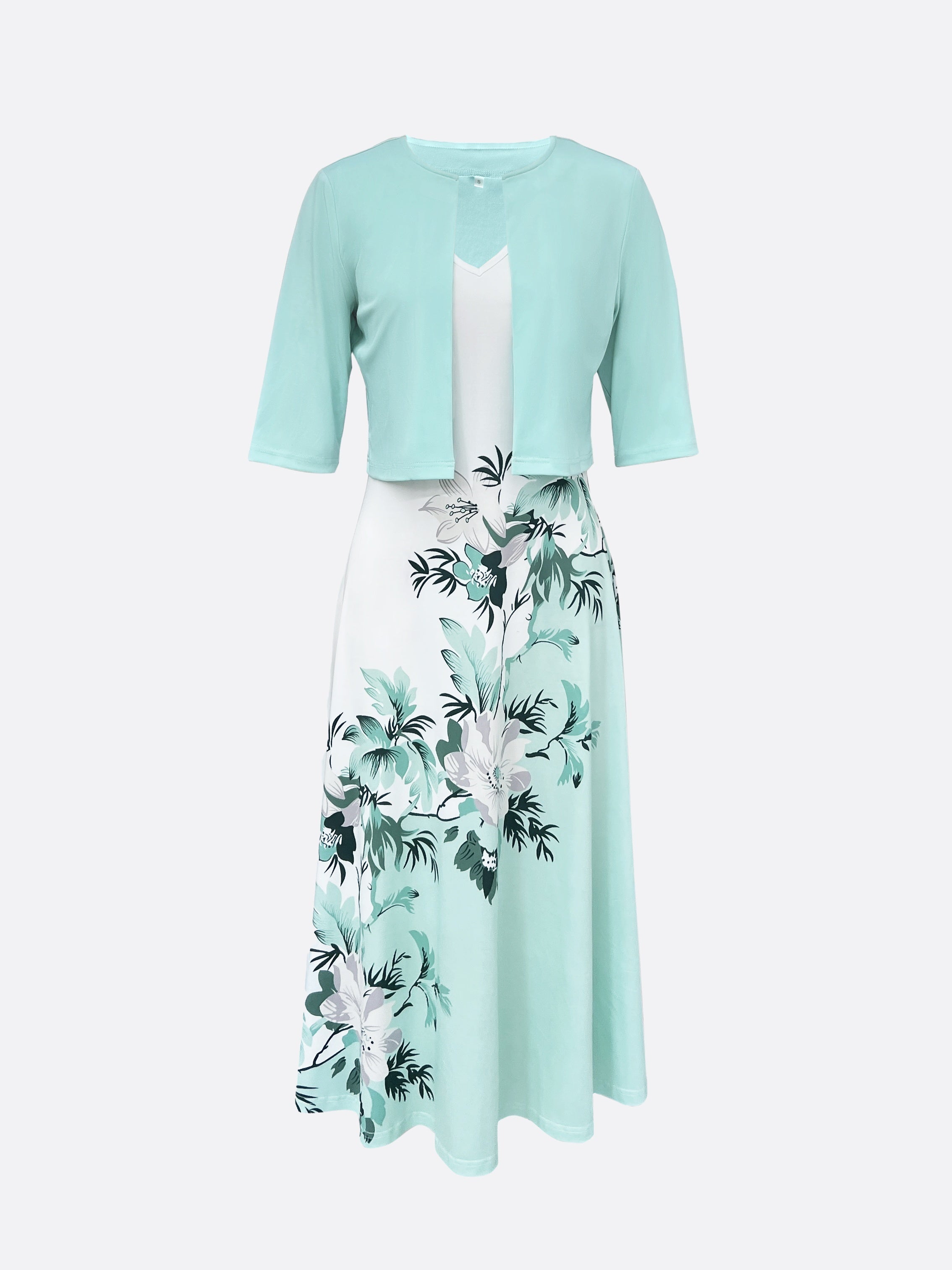Valenzora Dress | Elegant turquoise long blazer/dress set with floral pattern
