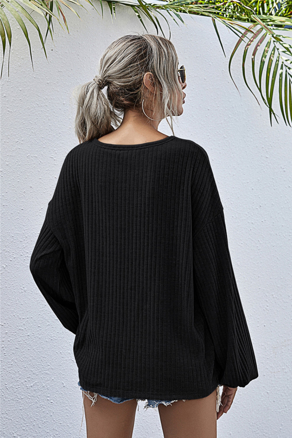 Valenzora Round Neck Lantern Sleeve Casual Knitted Top