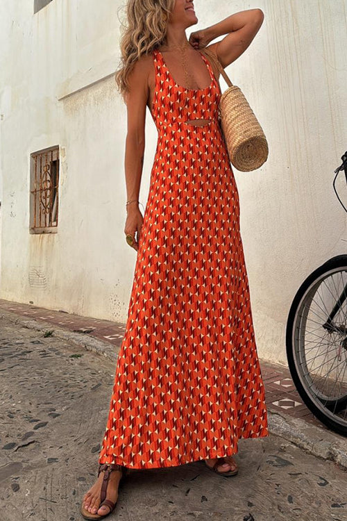Valenzora | Scoop Neck Backless Geometric Print Maxi Cami Dress