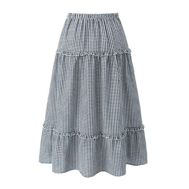 Valenzora | Gestufter Midirock aus Gingham mit Rüschen