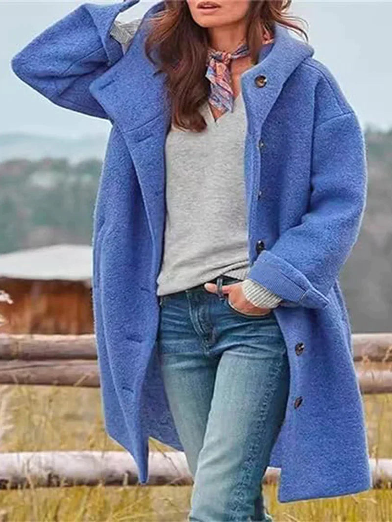 Long-sleeved, single-breasted, loose-fitting coat with a turn-down collar