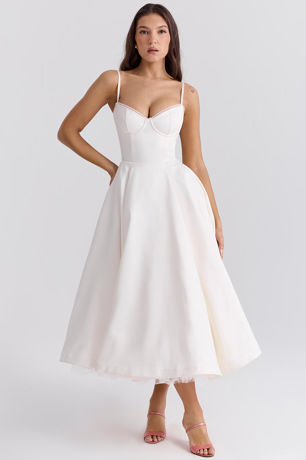 Valenzora | A-line Midi Dress Spaghetti Straps Lace Detail Elegant Formal Wear