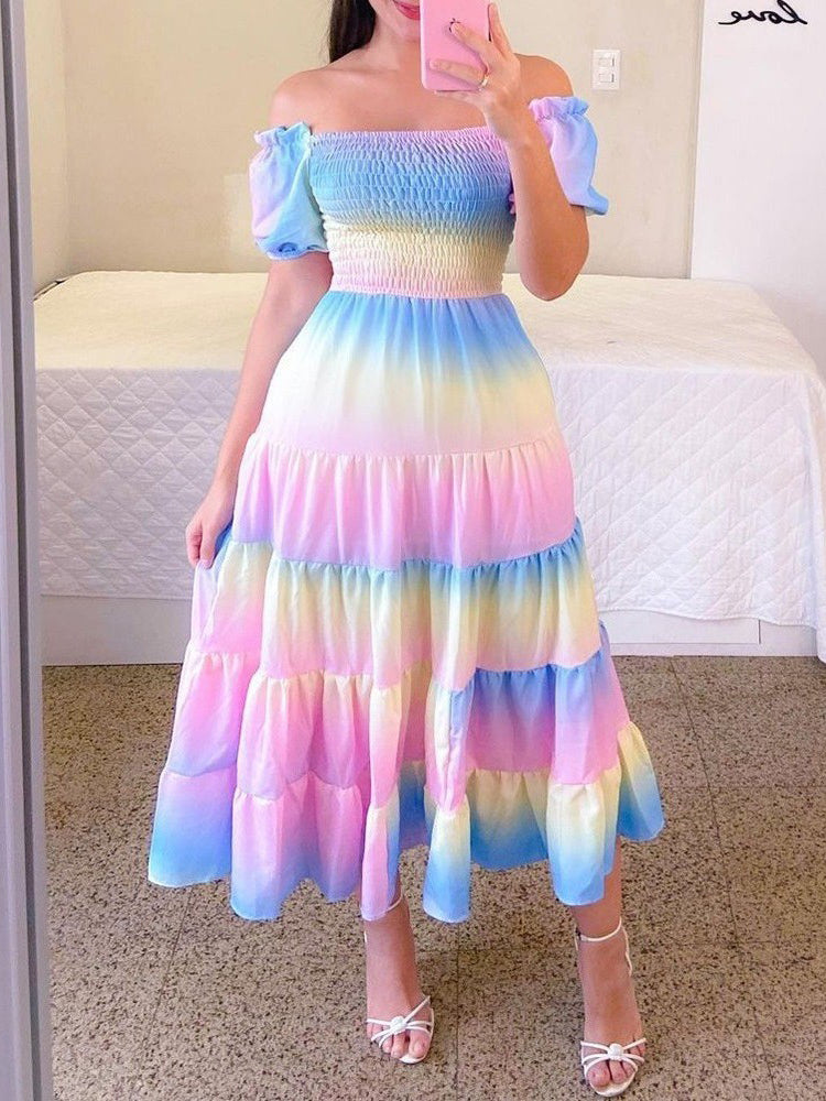 Valenzora | Bedrucktes ausgestelltes Midi-Kleid mit kurzen Ärmeln