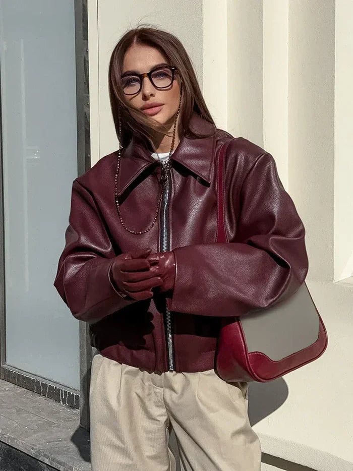 Valenzora | Damen Rote Lederjacke Vintage-Lederjacke mit Reißverschluss für Damen