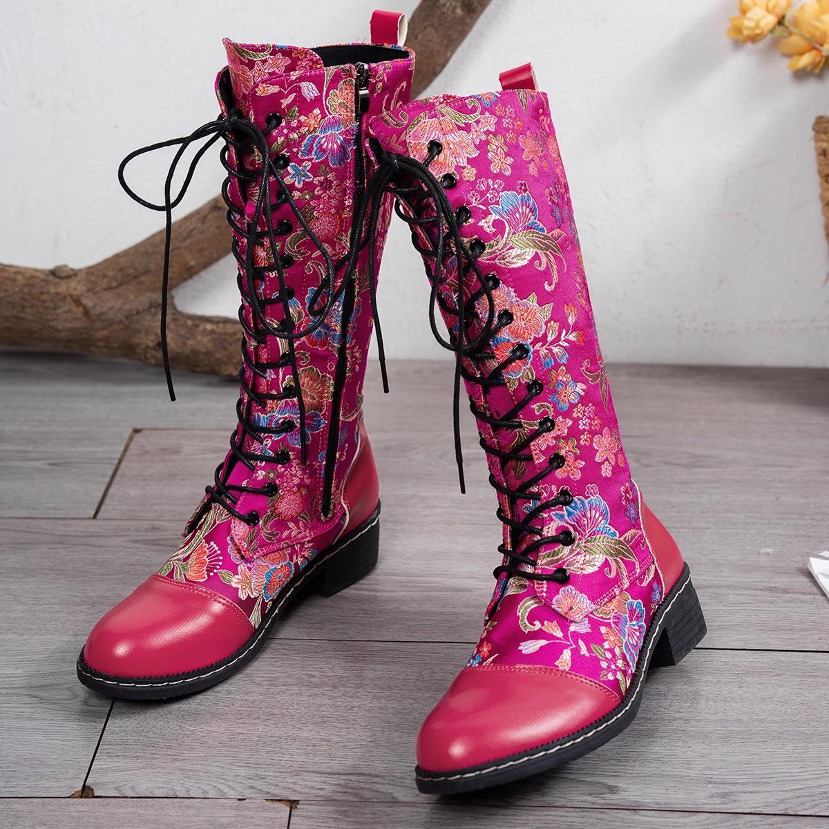 Valenzora | Floral embroidery fuchsia faux leather boots