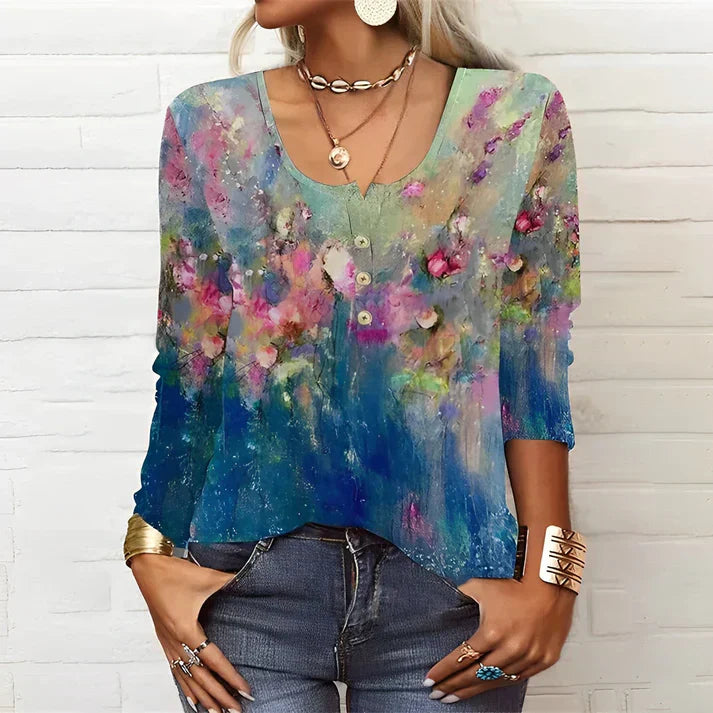 Valenzora | Long-sleeved T-shirt with floral print, round neck and long sleeves