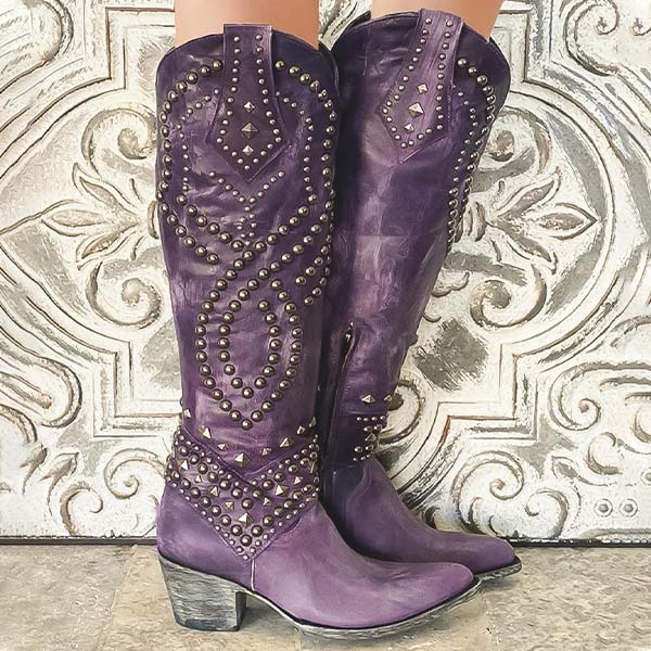 Valenzora - High Boots with Metal Studs and Chunky Heel