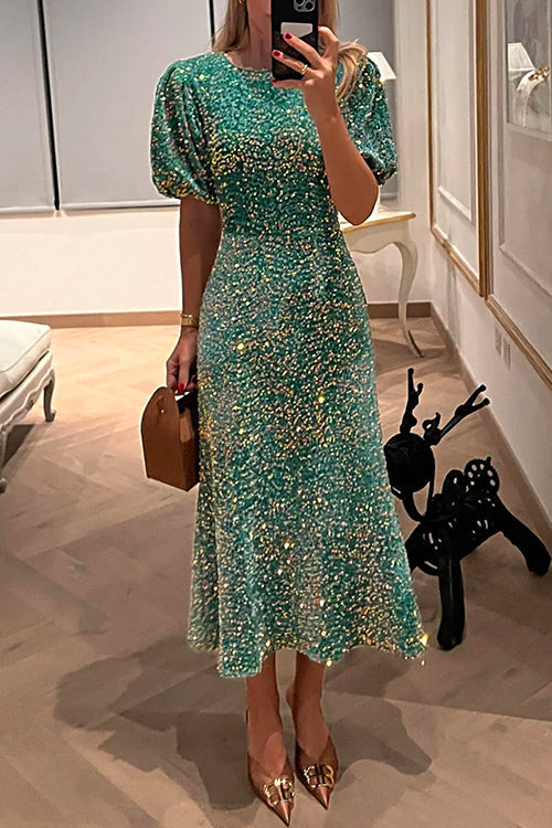 Valenzora | Puff-Kurzarm-Pailletten-Midikleid mit figurbetontem Schnitt