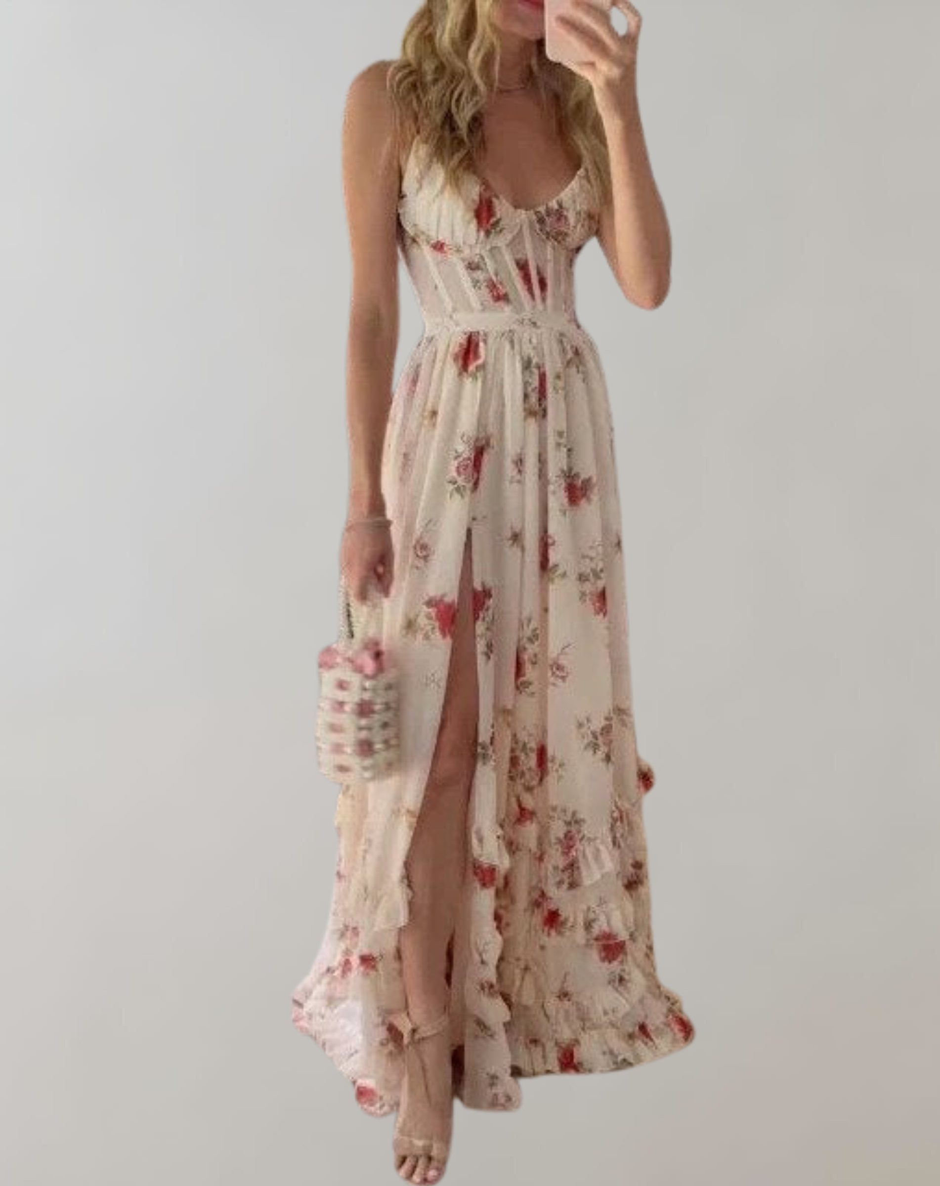 Valenzora | Sleeveless, fitted dress with floral print and sexy leg cutout