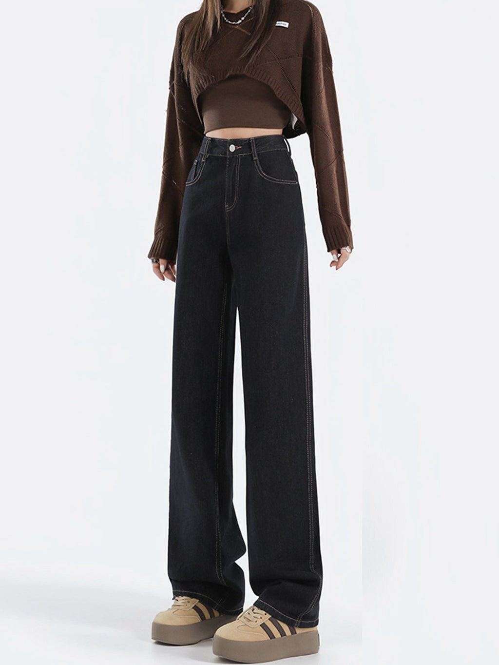 Valenzora | Loose-fitting dark high-waisted floor-length denim trousers