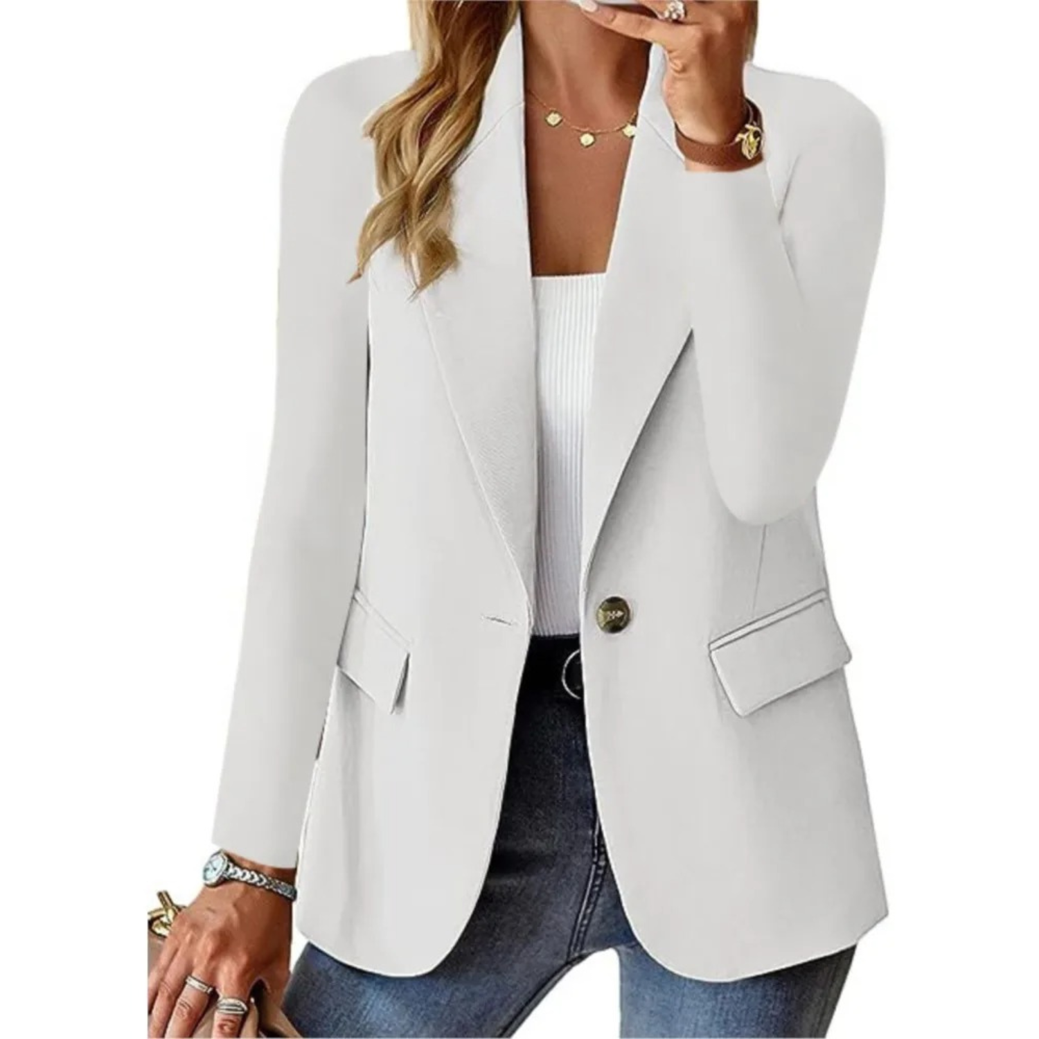 Solid women's blazer with long sleeves and narrow pocket buckle.