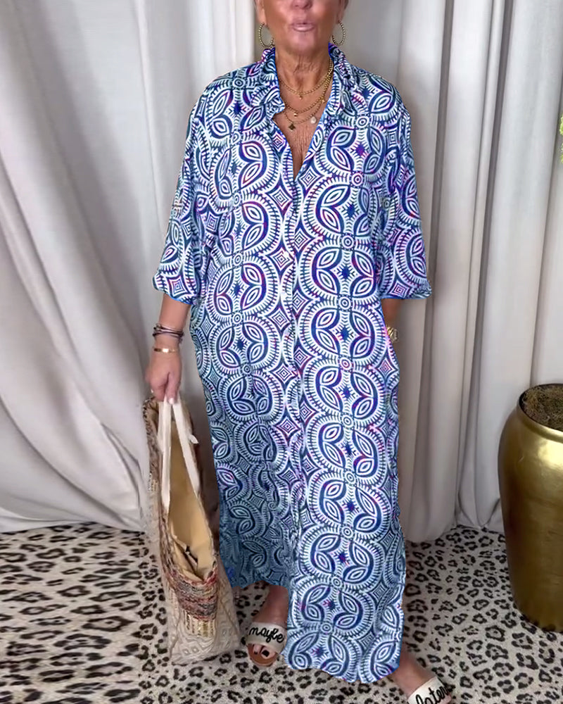 Valenzora | Vintage Printed Maxi Dress with Lapel Pockets