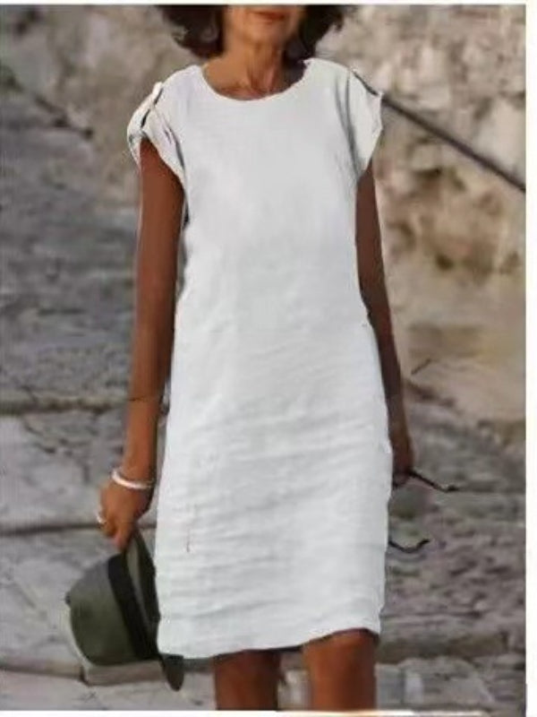 Valenzora | Damen-Midikleid aus farbenfroher Baumwoll-Leinen-Mischung, ärmellos mit Rundhalsausschnitt