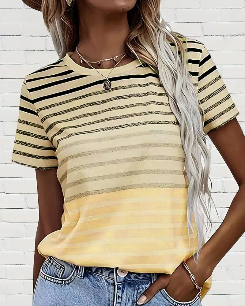 Valenzora | Round Neck Short Sleeve Striped T-Shirt