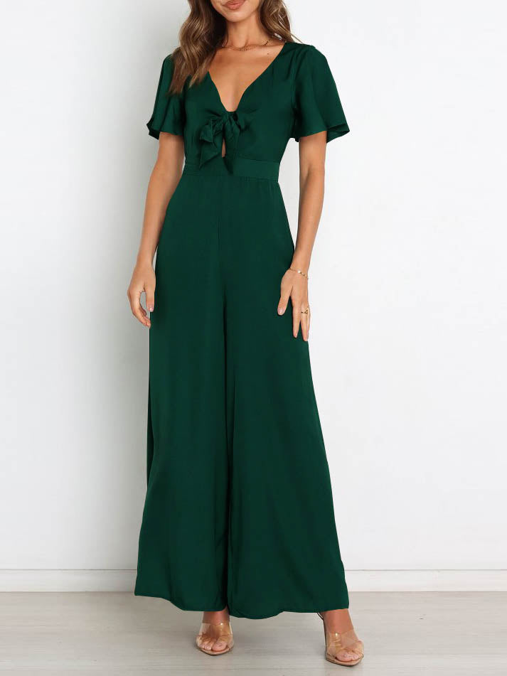 Valenzora | Short-sleeved wide-leg casual V-neck jumpsuit