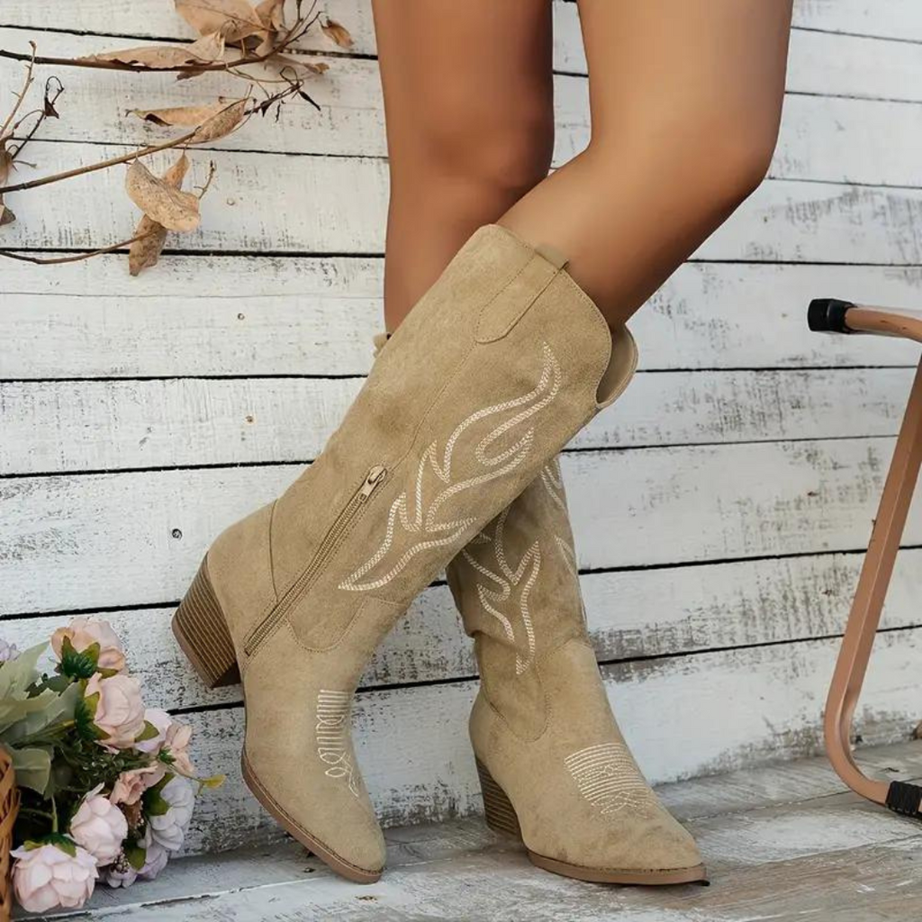 Cowboy boots | Retro chunky heel pointed boots with stylish side zipper