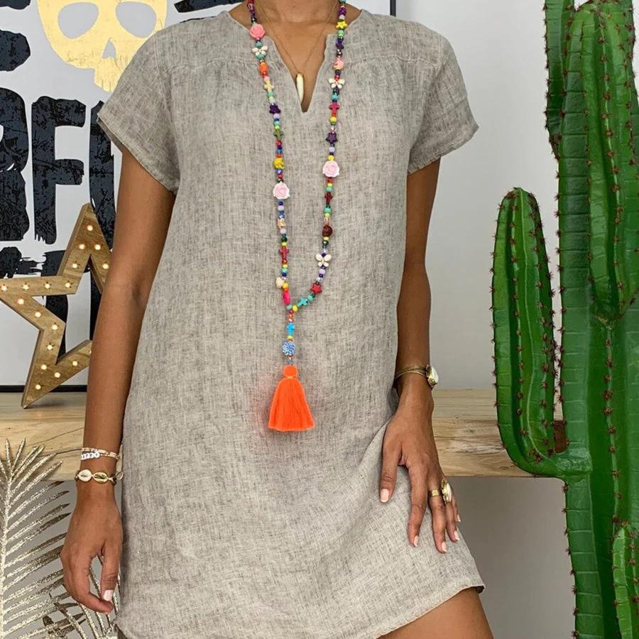 Valenzora | Chic linen midi dress with V-neck for women