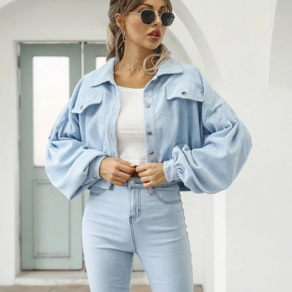 Valenzora | Velvet corduroy lantern sleeve cropped jacket