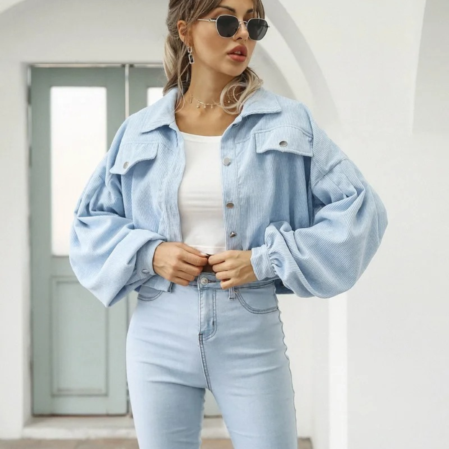 Valenzora | Velvet corduroy lantern sleeve cropped jacket