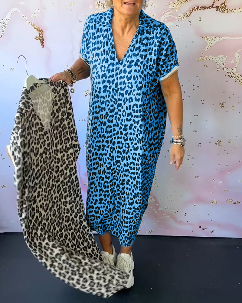 Valenzora | Short-sleeved dress with leopard print and V-neck