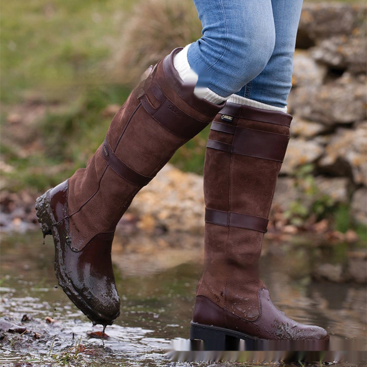 Valenzora | High-shaft outdoor boots with buckles - leather rain boots for women
