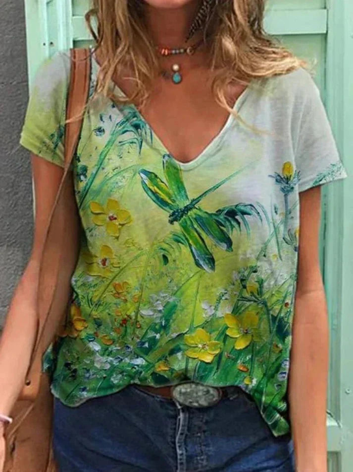 Valenzora | V-Ausschnitt-Shirt mit floraler Bemalung
