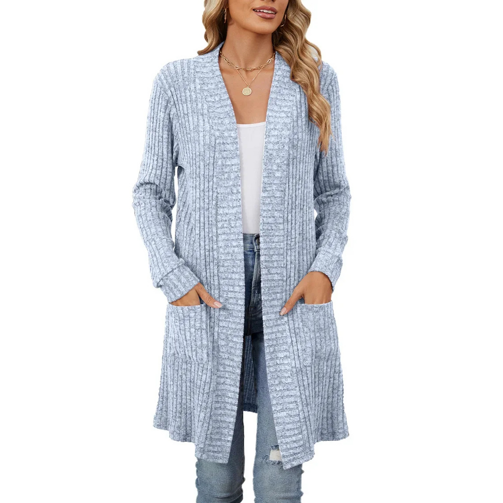 Valenzora | Long Women's Ribbed Open Front Cardigan with Pockets