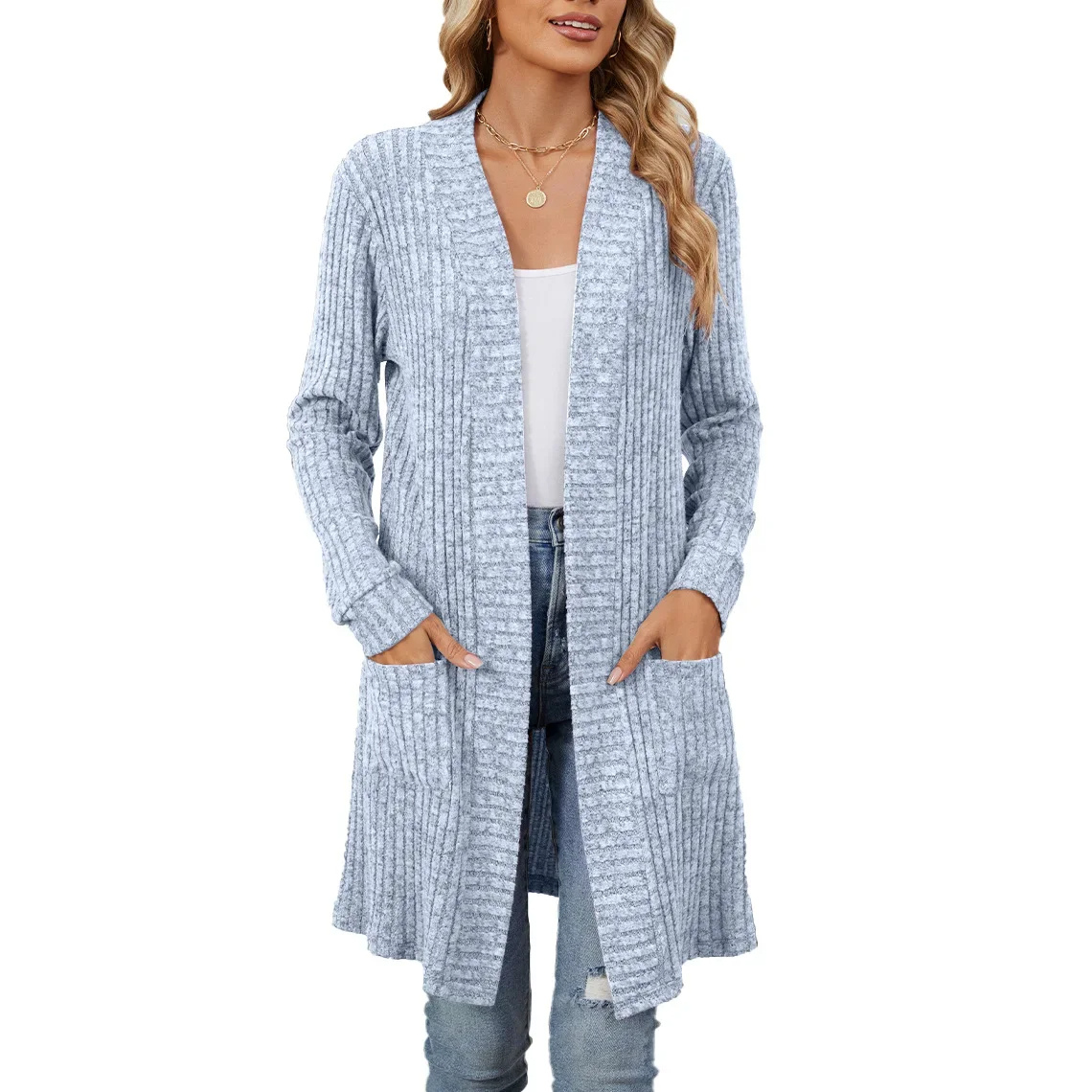 Valenzora | Long Women's Ribbed Open Front Cardigan with Pockets