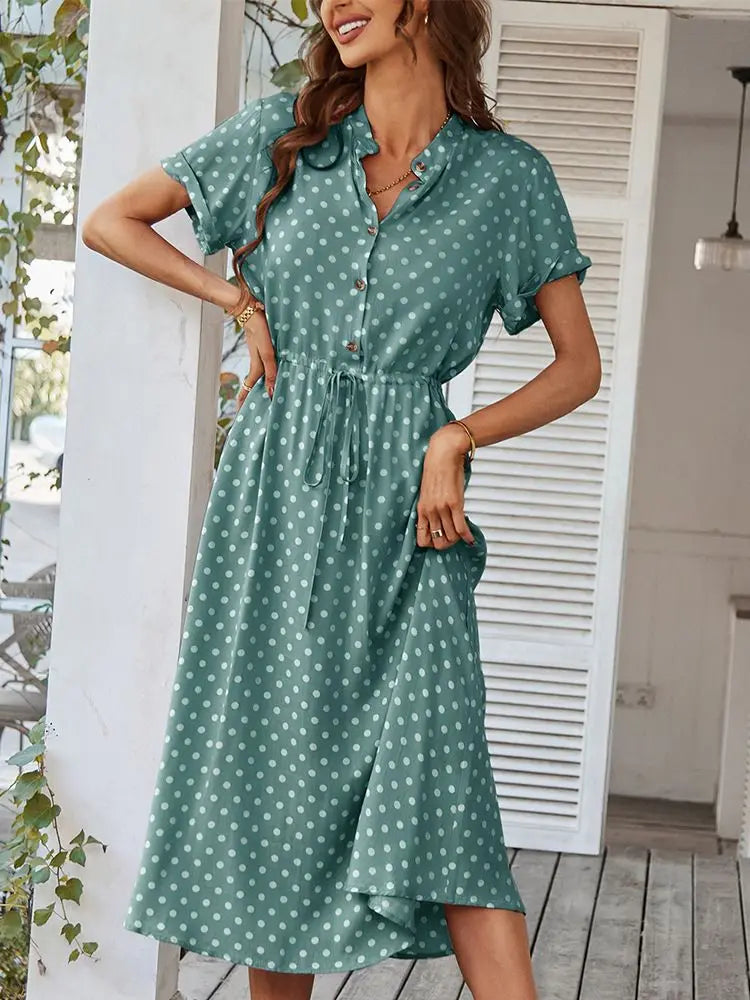 Valenzora | Tupfenkleid mit Bindegürtel und Knöpfen