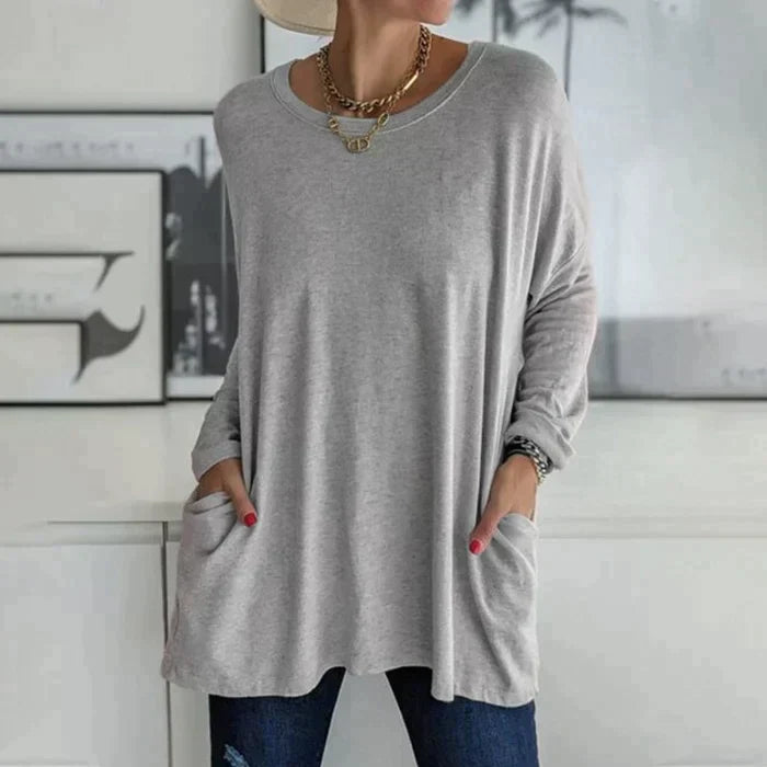 Valenzora | Fashionable tunic top with pockets - Relaxed fit, round neck, long sleeves