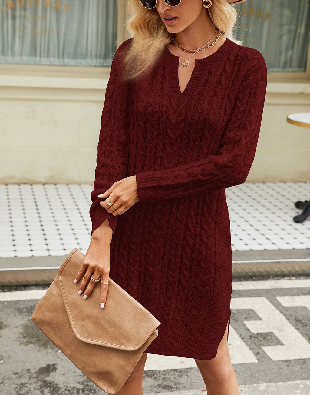 Valenzora | Chic autumn cable knit dress with neckline for women