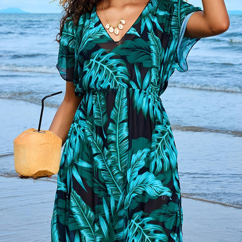 Valenzora | Bohemian beach dress with porcelain mini print and V-neck
